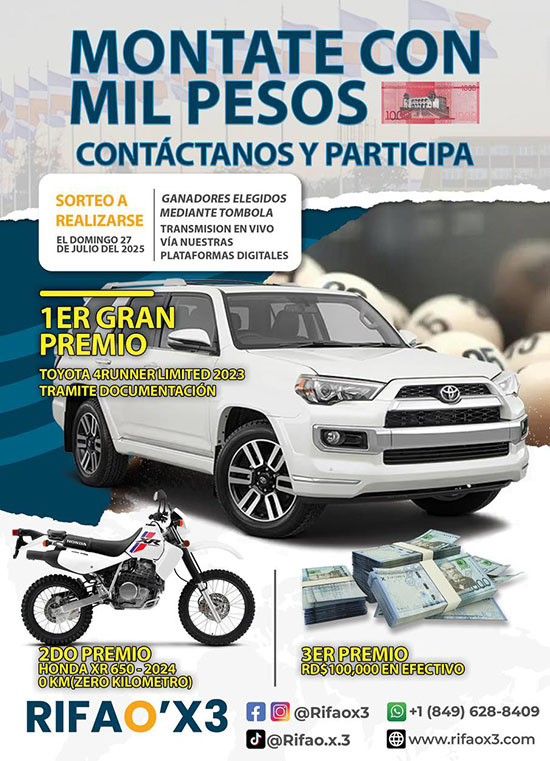 RIFAOX3: ¡Tu Oportunidad Épica de Ganar! 🚀 Una 4Runner Limited 2023, una XR650 0KM o RD$100,000 Te Esperan. 💰